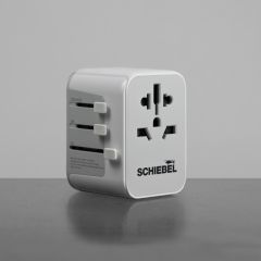 Reiseadapter mit schwarzem Logo "SCHIEBEL"