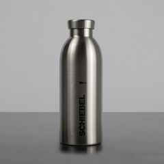 Closed drinking bottle in brushed steel look, black SCHIEBEL logo and drone