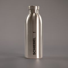 Closed drinking bottle in brushed steel look, black SCHIEBEL logo and drone